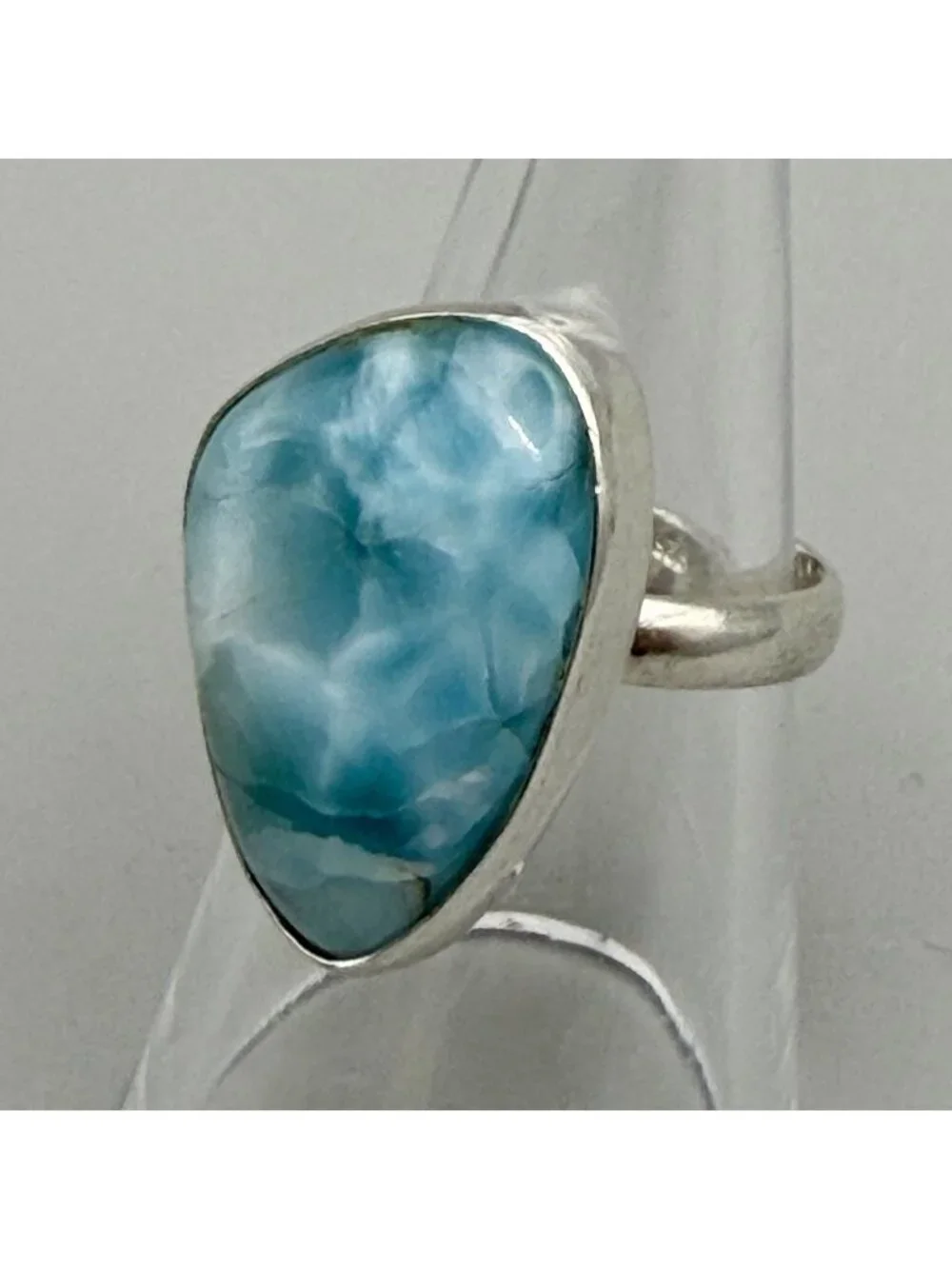 Larimar Large Freeform Cabochon Ring Caribbean Blue Sterling Silver Size 7